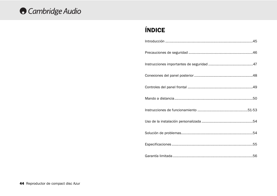 Índice | Cambridge Audio 540C User Manual | Page 44 / 116