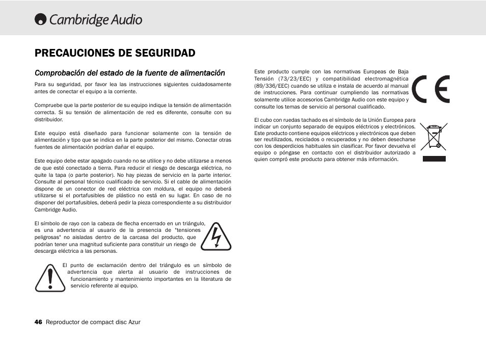 Precauciones de seguridad | Cambridge Audio 540C User Manual | Page 46 / 116