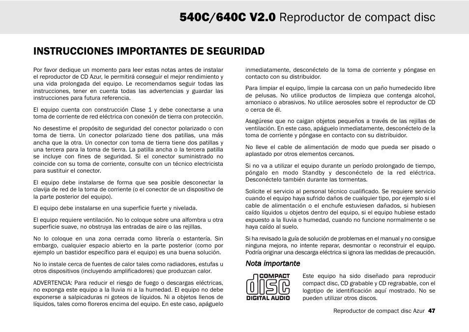 Instrucciones importantes de seguridad, Nota importante | Cambridge Audio 540C User Manual | Page 47 / 116