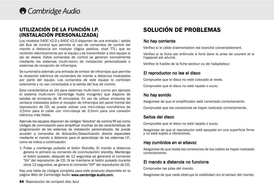 Solución de problemas | Cambridge Audio 540C User Manual | Page 54 / 116