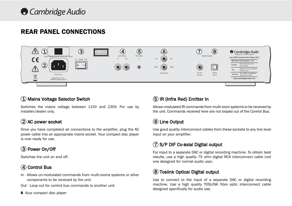 Rear panel connections, Mains voltage selector switch, Ac power socket | Power on/off, Control bus, Ir (infra red) emitter in, Line output, S/p dif co-aaxial digital output, Toslink optical digital output | Cambridge Audio 540C User Manual | Page 6 / 116