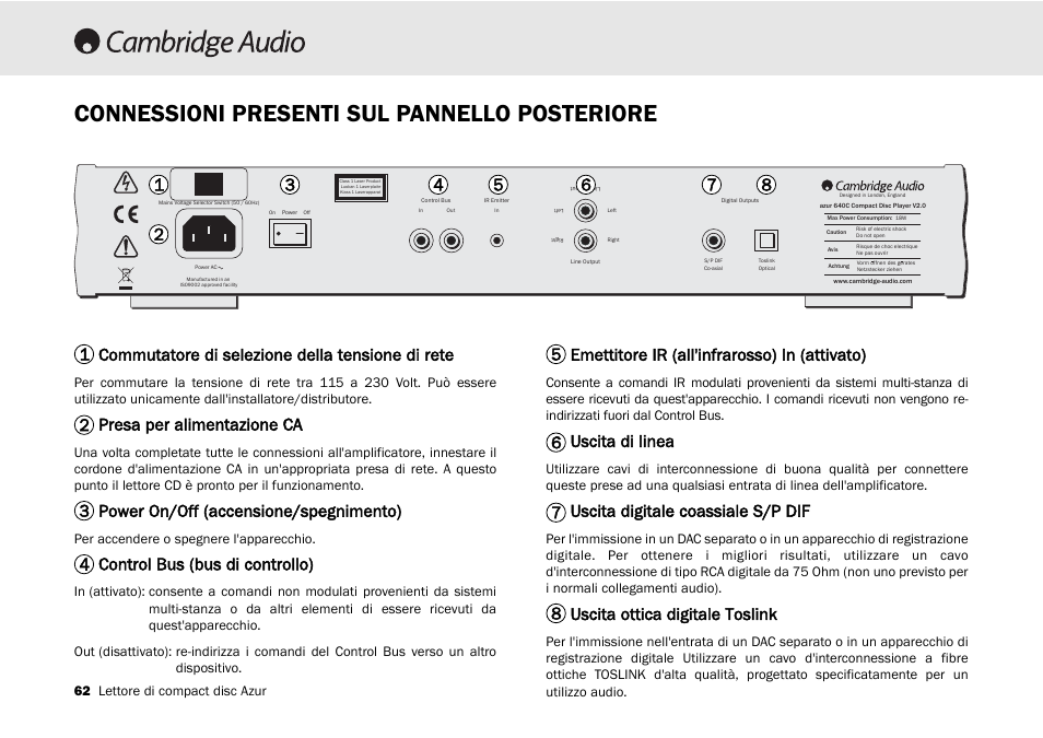 Connessioni presenti sul pannello posteriore, Commutatore di selezione della tensione di rete, Presa per alimentazione ca | Power on/off (accensione/spegnimento), Control bus (bus di controllo), Emettitore ir (all'infrarosso) in (attivato), Uscita di linea, Uscita digitale coassiale s/p dif, Uscita ottica digitale toslink | Cambridge Audio 540C User Manual | Page 62 / 116