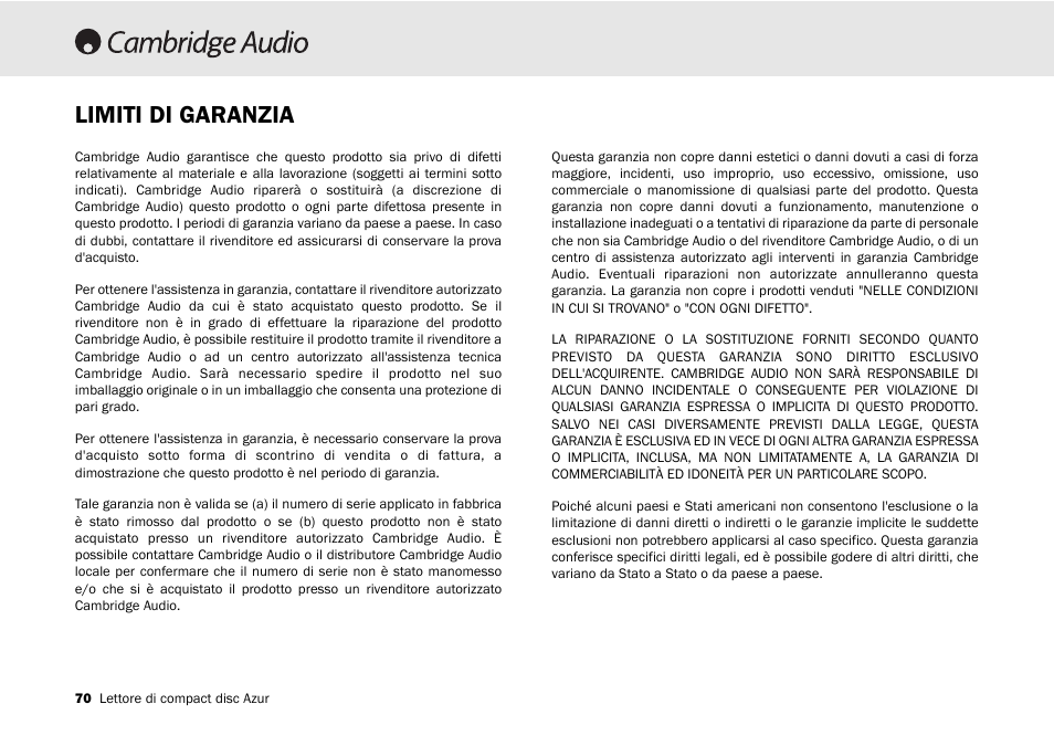 Limiti di garanzia | Cambridge Audio 540C User Manual | Page 70 / 116