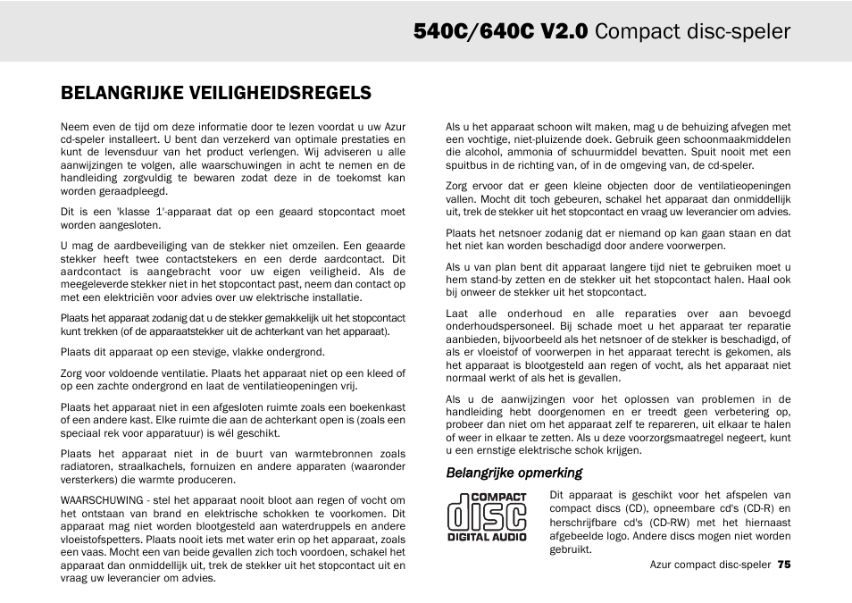 Belangrijke veiligheidsregels, Belangrijke opmerking | Cambridge Audio 540C User Manual | Page 75 / 116