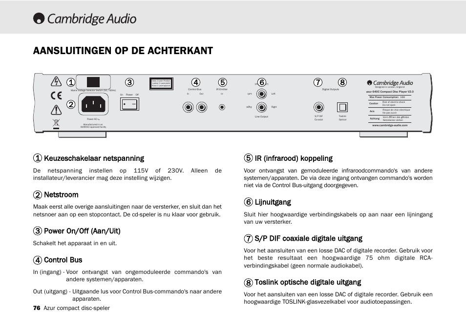 Aansluitingen op de achterkant, Keuzeschakelaar netspanning, Netstroom | Power on/off (aan/uit), Control bus, Ir (infrarood) koppeling, Lijnuitgang, S/p dif coaxiale digitale uitgang, Toslink optische digitale uitgang | Cambridge Audio 540C User Manual | Page 76 / 116