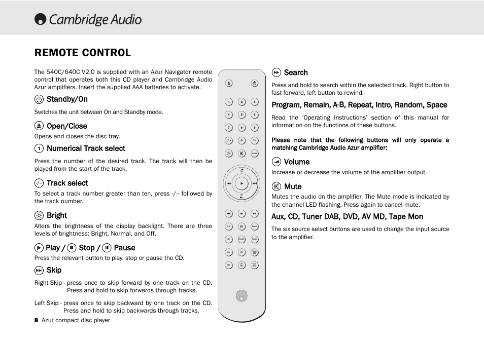 Remote control, Standby/on, Open/close | Numerical track select, Track select, Bright, Play / stop / pause, Skip, Search, Volume | Cambridge Audio 540C User Manual | Page 8 / 116