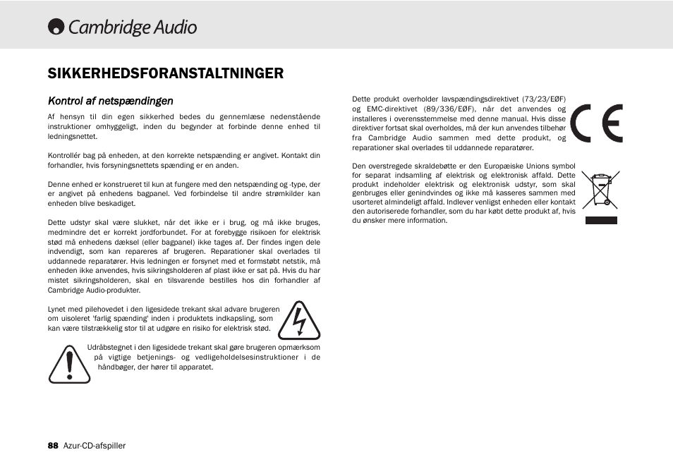 Sikkerhedsforanstaltninger, Kontrol af netspændingen | Cambridge Audio 540C User Manual | Page 88 / 116