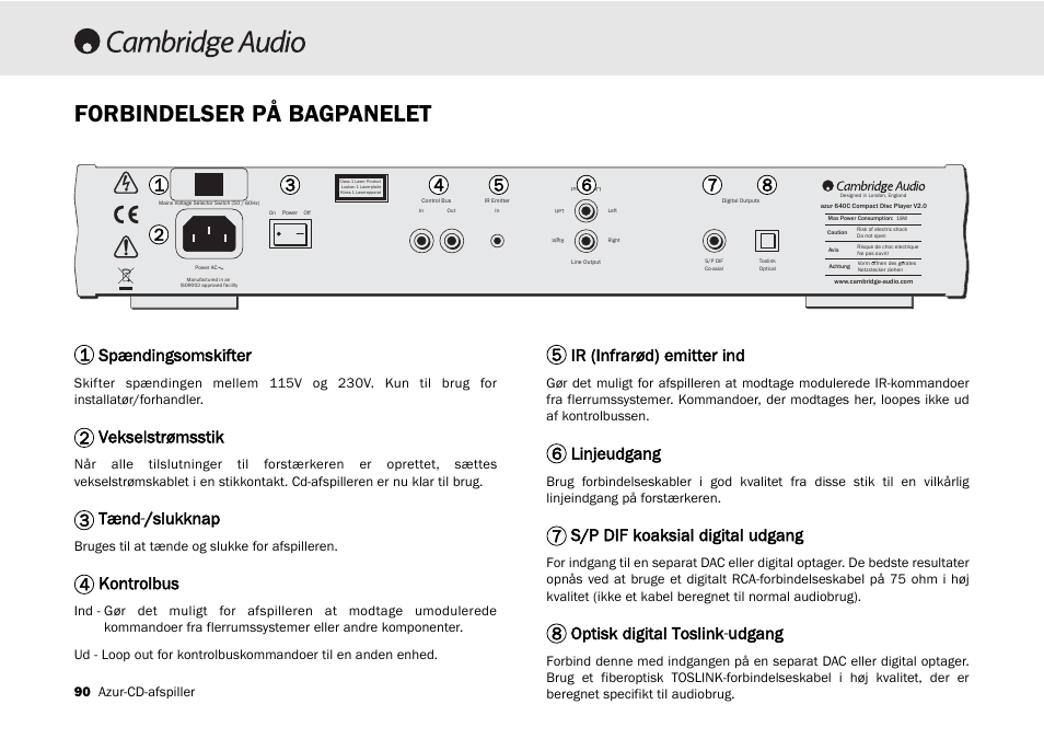 Forbindelser på bagpanelet, Spændingsomskifter, Vekselstrømsstik | Tænd-//slukknap, Kontrolbus, Ir (infrarød) emitter ind, Linjeudgang, S/p dif koaksial digital udgang, Optisk digital toslink-uudgang | Cambridge Audio 540C User Manual | Page 90 / 116
