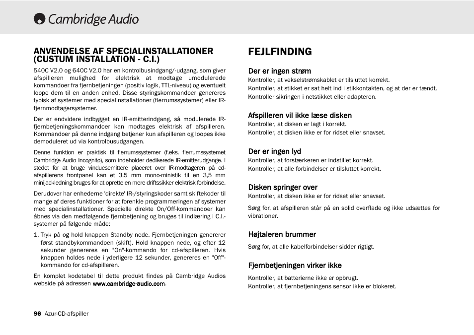 Fejlfinding | Cambridge Audio 540C User Manual | Page 96 / 116