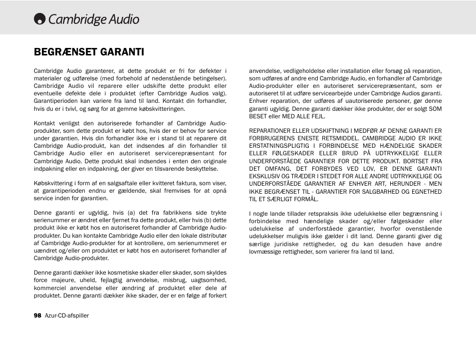 Begrænset garanti | Cambridge Audio 540C User Manual | Page 98 / 116
