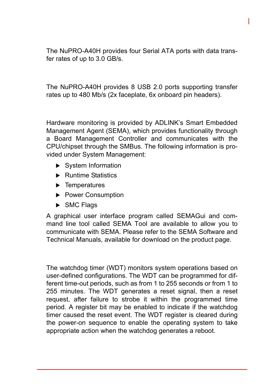 Serial ata, Universal serial bus (usb 2.0), Hardware monitoring - sema | Watchdog timer | ADLINK NuPRO-A40H User Manual | Page 21 / 100