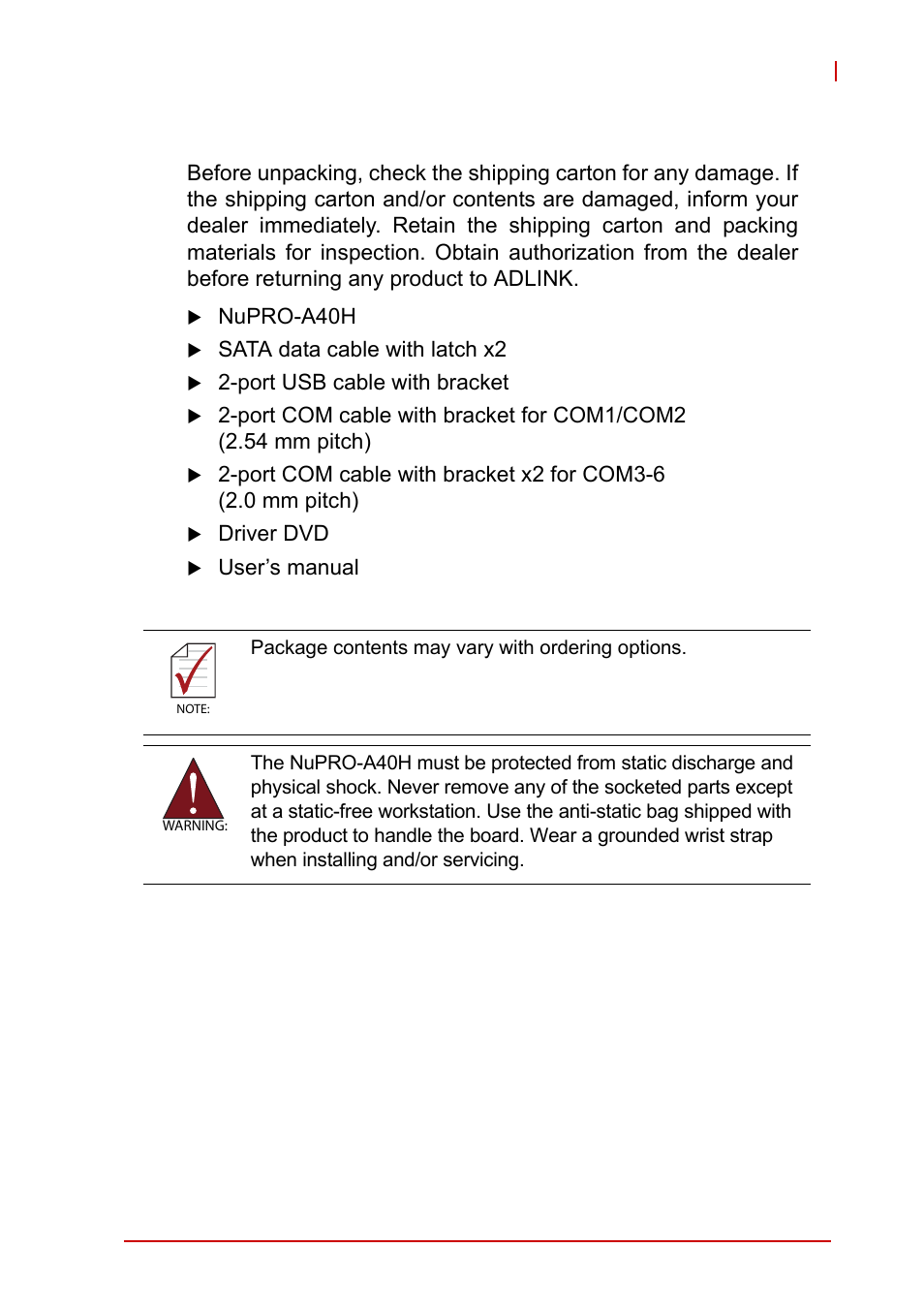 9 package contents, Package contents | ADLINK NuPRO-A40H User Manual | Page 25 / 100