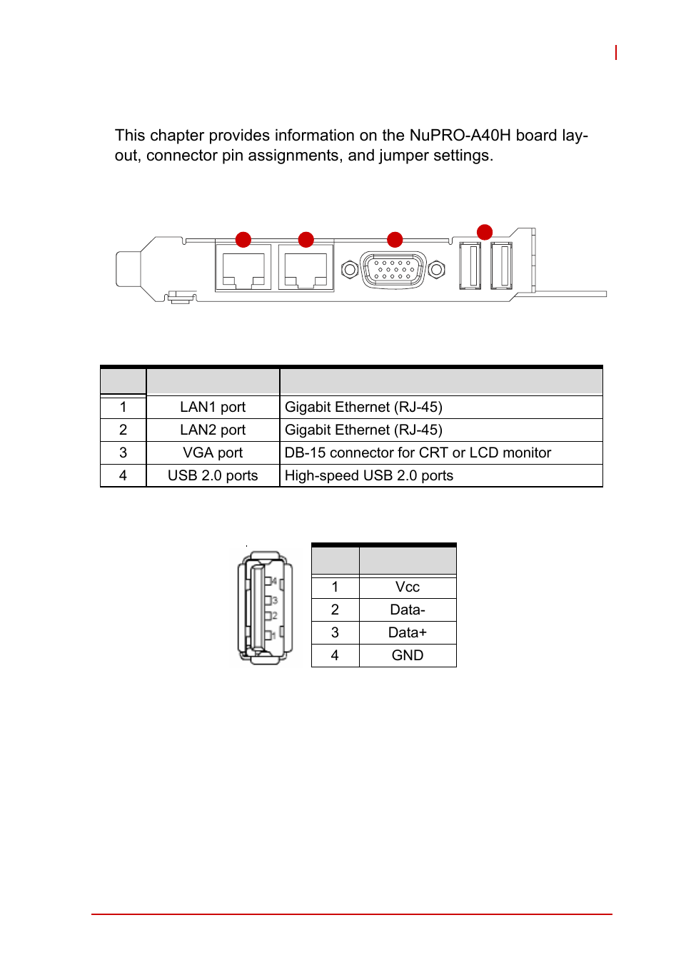 2 hardware information, 1 rear panel i/o ports, Usb connector | Chapter 2, hardware information, Rear panel i/o ports, Figure 2-1: rear panel i/o ports, 2hardware information | ADLINK NuPRO-A40H User Manual | Page 27 / 100