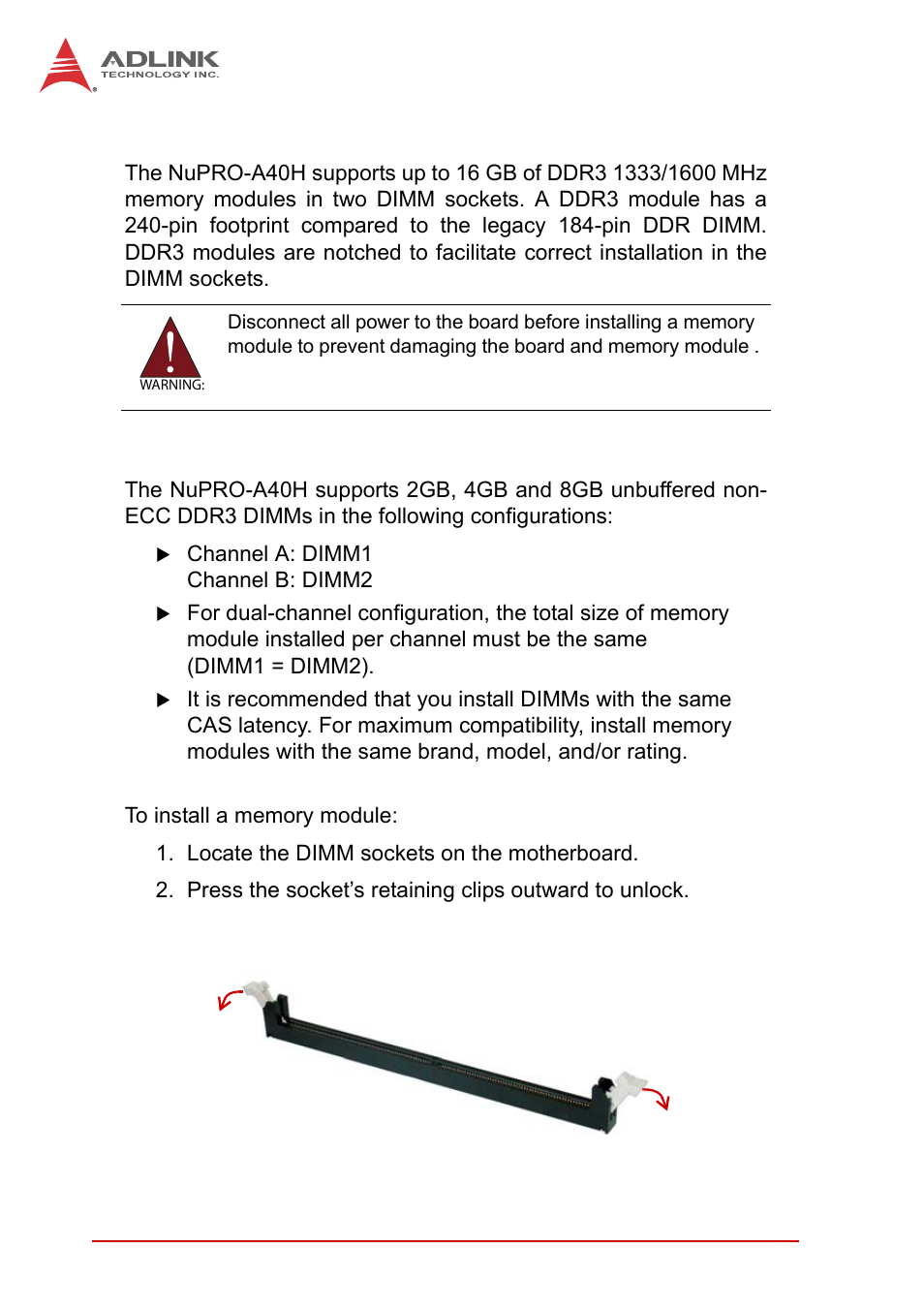 3 installing memory modules, Memory configuration options, Installing memory modules | ADLINK NuPRO-A40H User Manual | Page 46 / 100