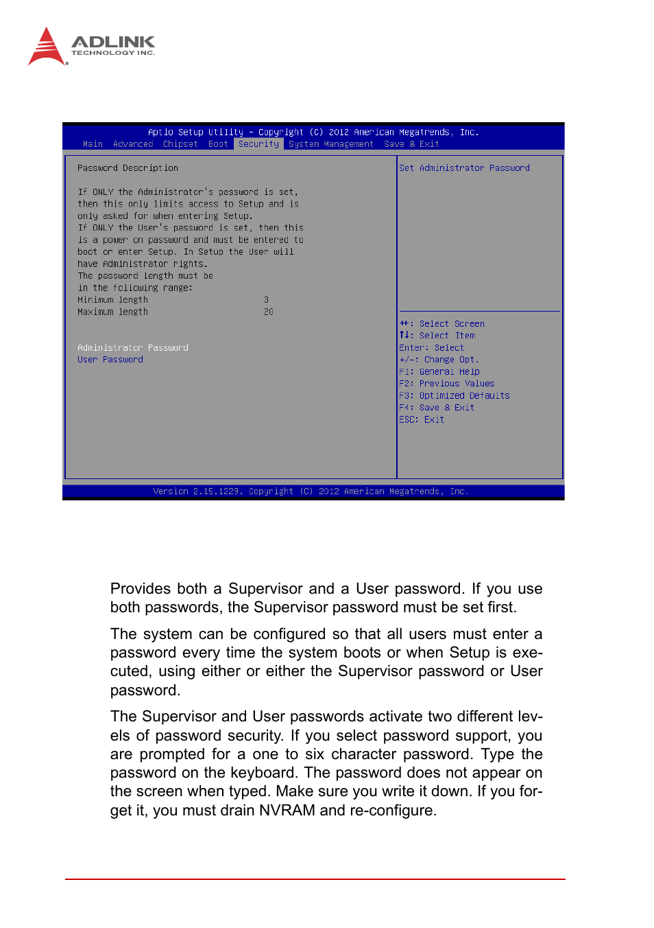 6 security setup, Password support, Security setup | ADLINK NuPRO-A40H User Manual | Page 80 / 100