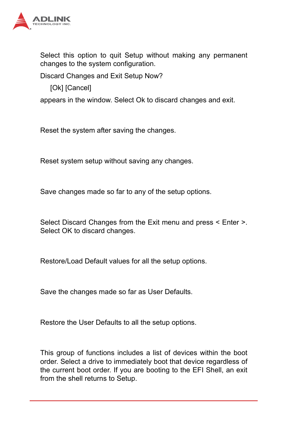 Discard changes and exit, Save changes and reset, Discard changes and reset | Save changes, Discard changes, Restore defaults, Save as user defaults, Restore user defaults, Boot override | ADLINK NuPRO-A40H User Manual | Page 84 / 100