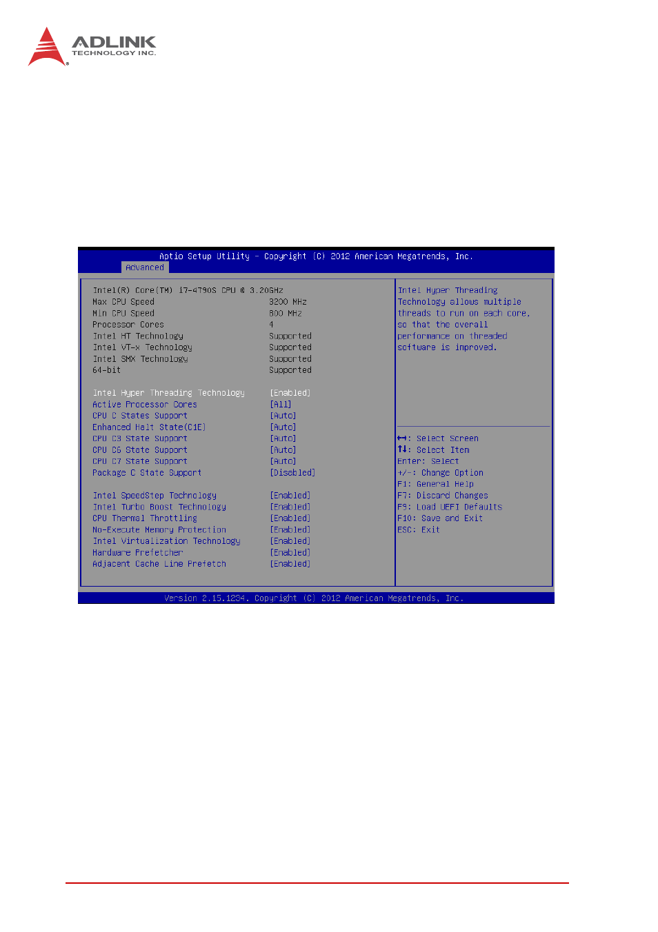 A.6 cpu configuration, Active processor cores, Cpu c states support | Enhanced halt state (c1e), Cpu configuration | ADLINK IMB-M42H User Manual | Page 36 / 56