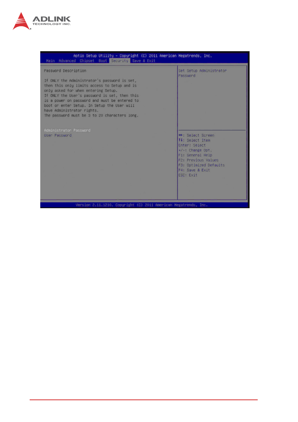 6 security setup, Administrator password, User password | Security setup | ADLINK M-342 User Manual | Page 86 / 100