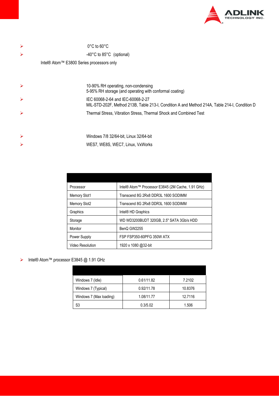 Operating temperatures, Environmental, Operating systems | Power consumption | ADLINK AmITX-BT-I User Manual | Page 10 / 48