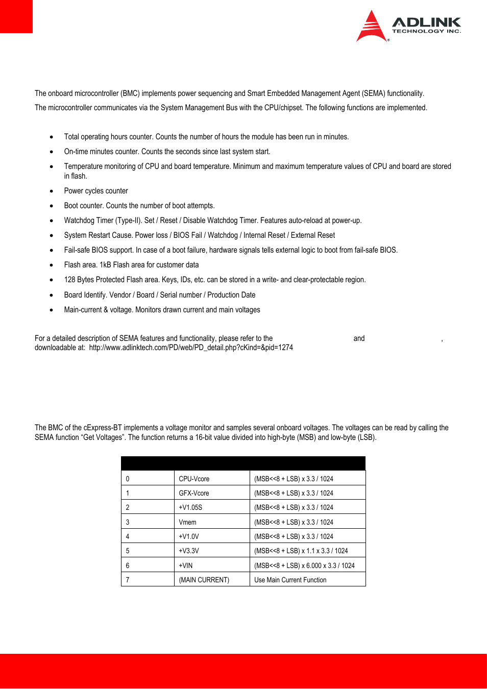 Smart embedded management agent (sema), Board specific sema functions, Voltages | ADLINK AmITX-BT-I User Manual | Page 38 / 48