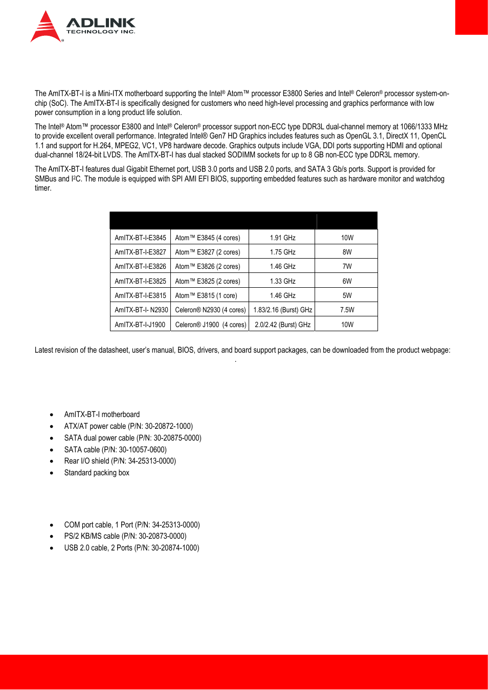 Introduction, Packing list, Optional accessories | ADLINK AmITX-BT-I User Manual | Page 7 / 48