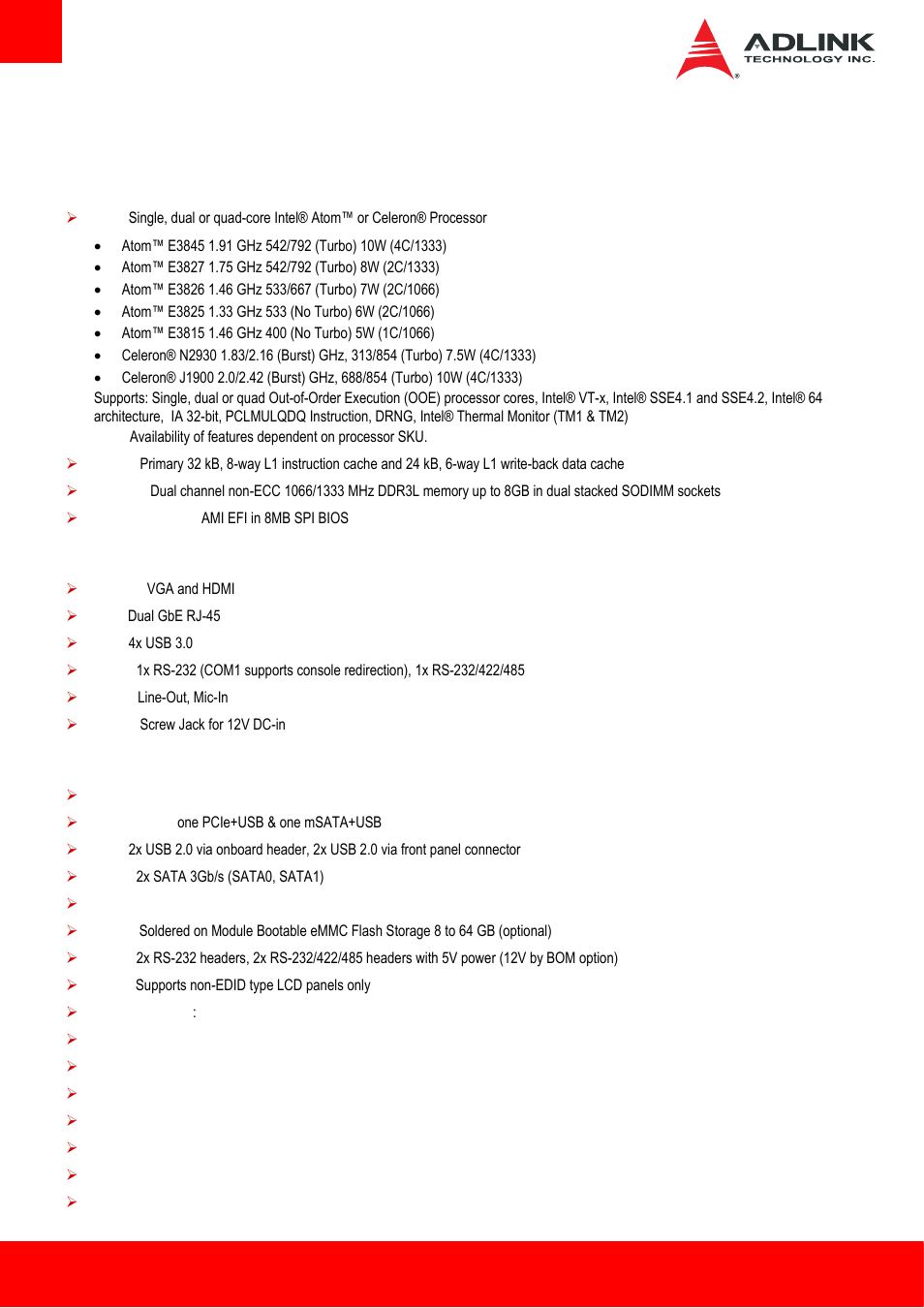 Specifications, Core system, Rear i/o connectors | Internal headers and connectors | ADLINK AmITX-BT-I User Manual | Page 8 / 48