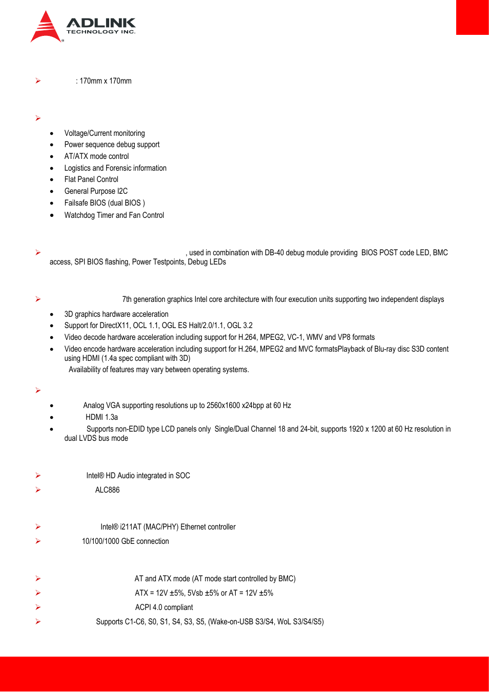 Form factor, Sema board controller, Debug header | Video, Audio, Power specificatio | ADLINK AmITX-BT-I User Manual | Page 9 / 48