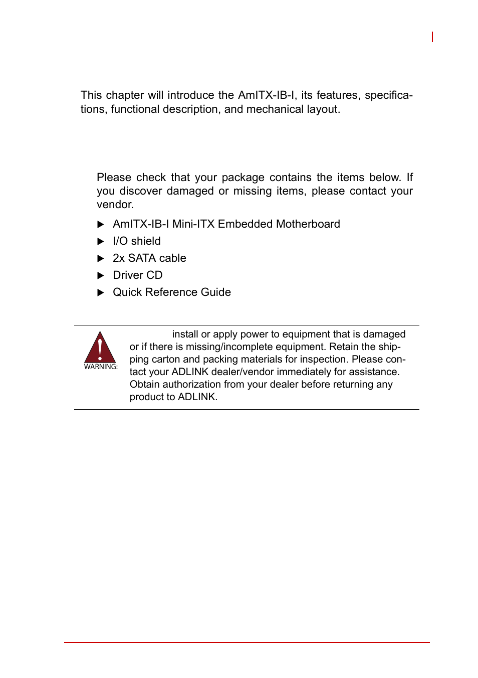 1 introduction, 1 package contents, Chapter 1, introduction | Package contents, 1introduction | ADLINK AmITX-IB-I User Manual | Page 13 / 82