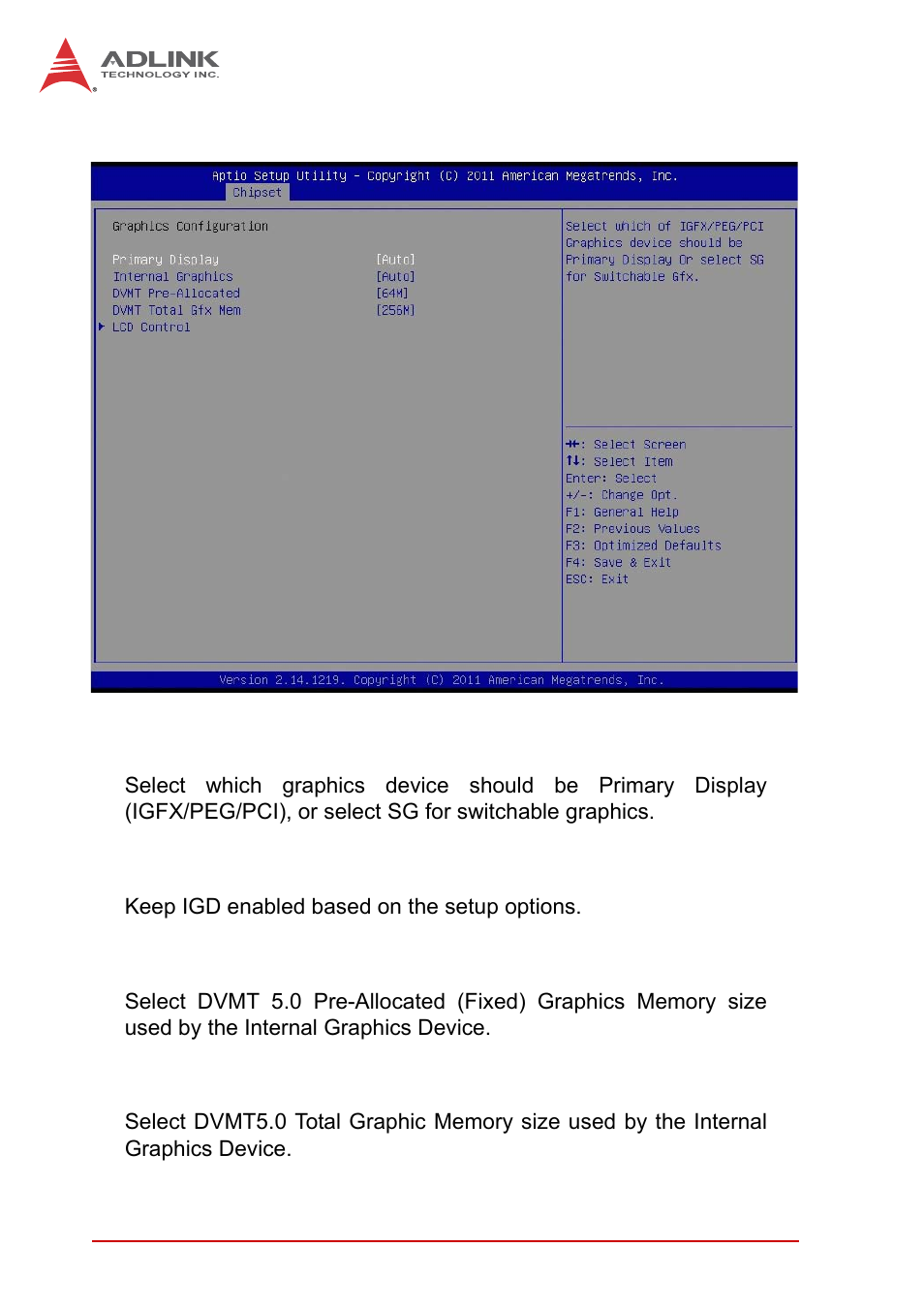 Graphics configuration, Primary display, Internal graphics | Dvmt pre-allocated, Dvmt total gfx mem | ADLINK AmITX-IB-I User Manual | Page 60 / 82