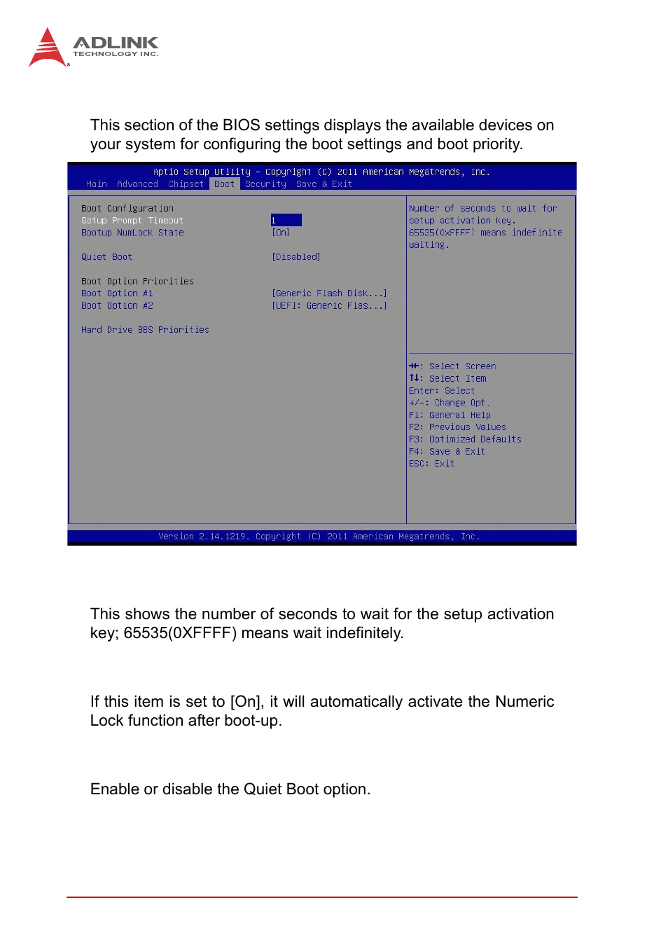 5 boot setup, Setup prompt timeout, Bootup num-lock state | Quiet boot, Boot setup | ADLINK AmITX-IB-I User Manual | Page 64 / 82