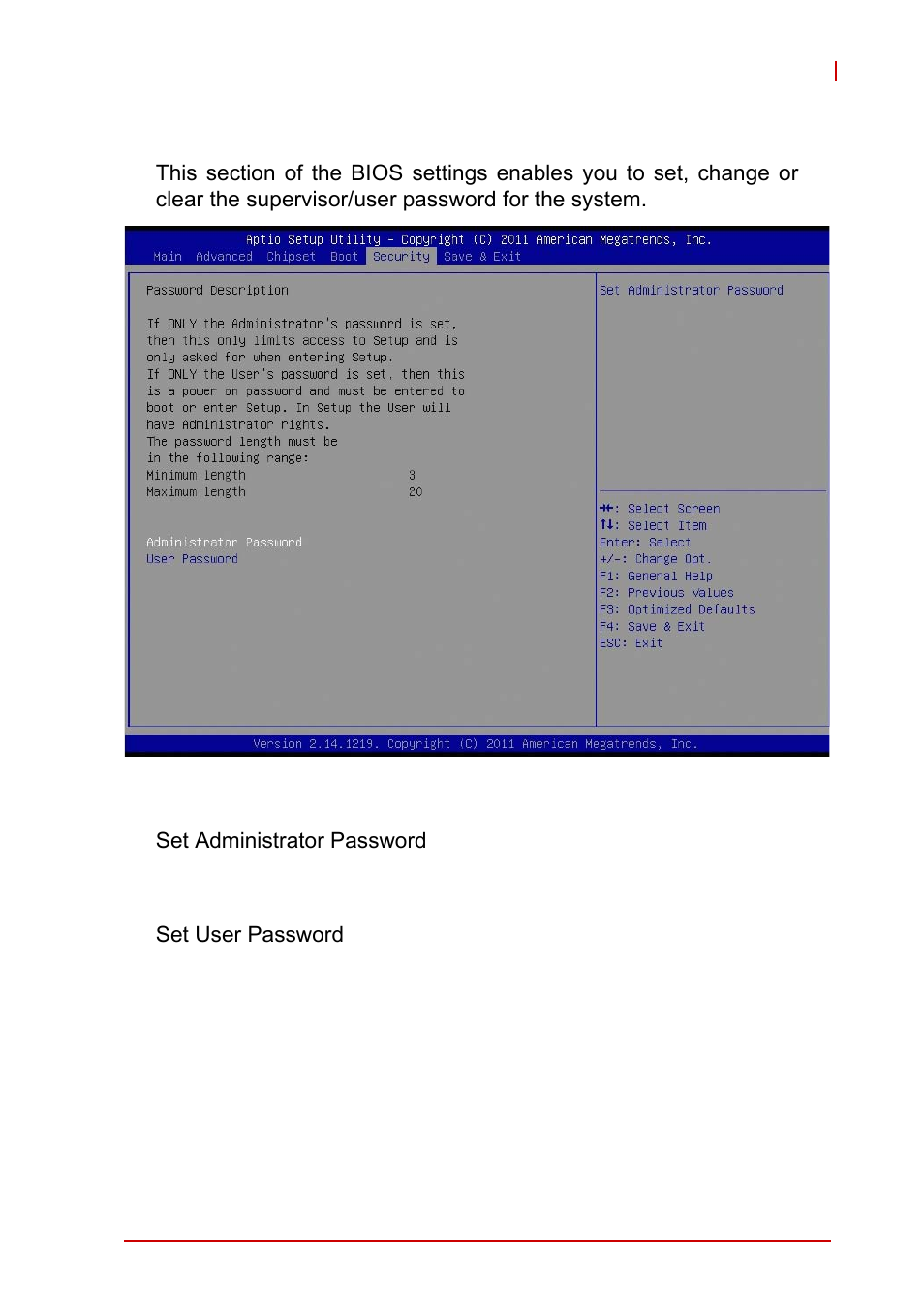 6 security setup, Administrator password, User password | Security setup | ADLINK AmITX-IB-I User Manual | Page 65 / 82