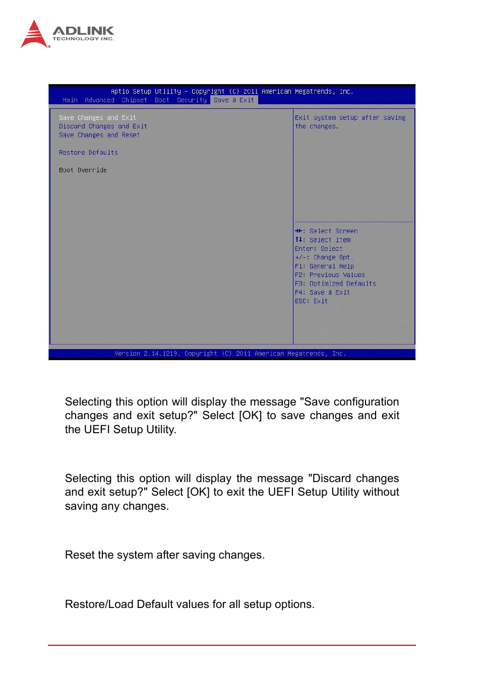 7 save & exit menu, Save changes and exit, Discard changes and exit | Save changes and reset, Restore defaults, Save & exit menu | ADLINK AmITX-IB-I User Manual | Page 66 / 82