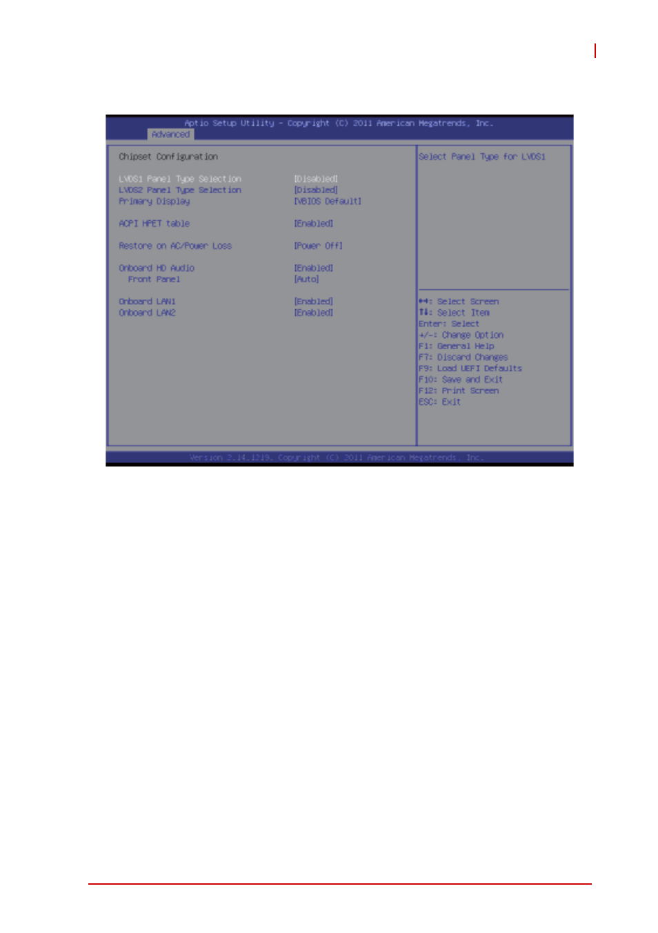 2 cpu configuration, Lvds1 panel type selection, Lvds2 panel type selection | Primary graphics adapter, Acpi hpet table | ADLINK IMB-T10 User Manual | Page 49 / 70