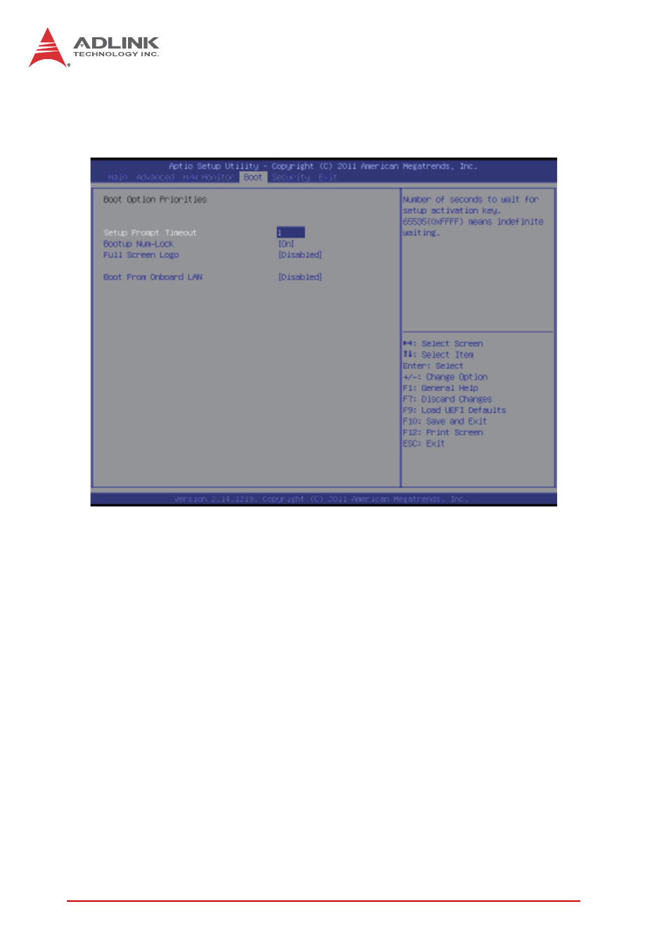 5 boot screen, Setup prompt timeout, Bootup num-lock | Full screen logo, Boot from onboard lan, Boot screen | ADLINK IMB-T10 User Manual | Page 58 / 70