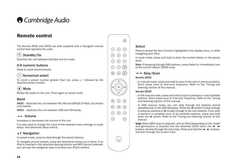 Remote control | Cambridge Audio SONATA AR30 User Manual | Page 12 / 26