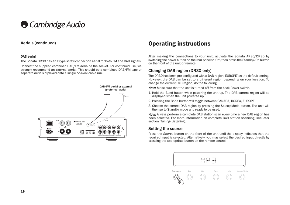 Operating instructions, Changing dab region (dr30 only), Setting the source | Cambridge Audio SONATA AR30 User Manual | Page 16 / 26