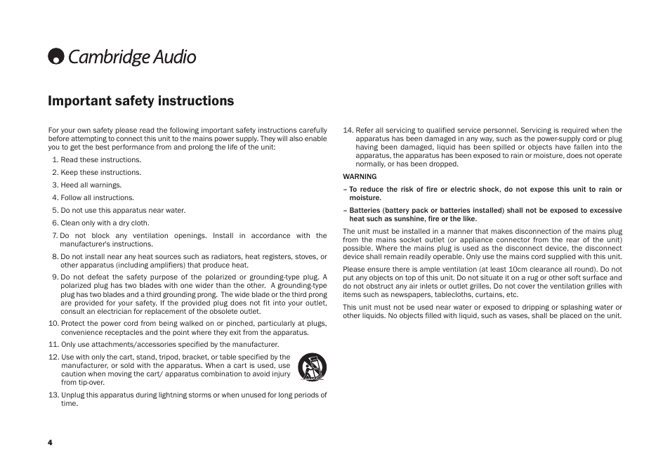 Important safety instructions | Cambridge Audio SONATA AR30 User Manual | Page 4 / 26