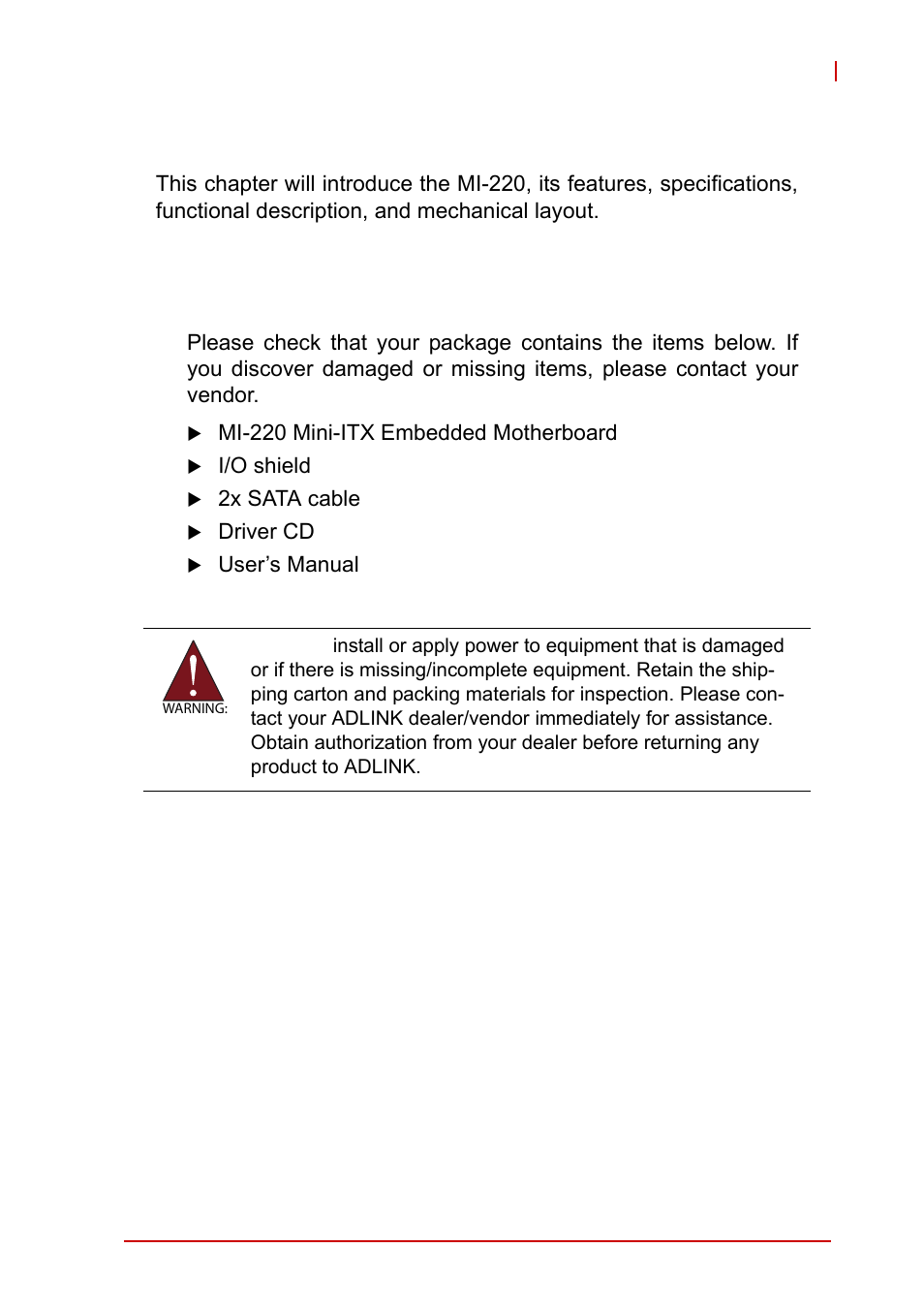 1 introduction, 1 package contents, Chapter 1, introduction | Package contents, 1introduction | ADLINK MI-220 User Manual | Page 13 / 92