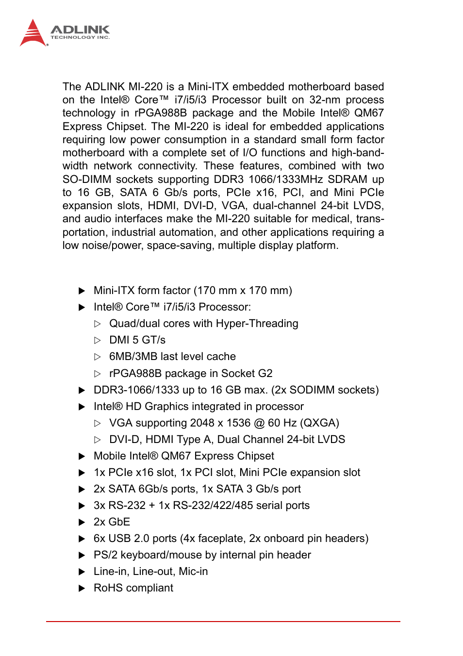 2 overview, 3 features, Overview | Features | ADLINK MI-220 User Manual | Page 14 / 92