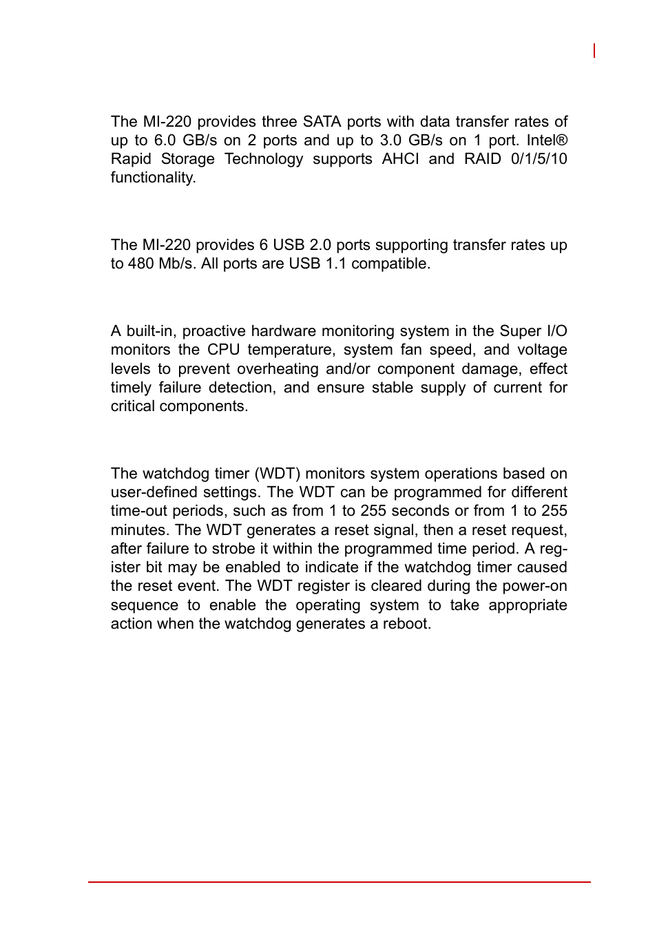 Serial ata, Usb 2.0, Hardware monitoring | Watchdog timer | ADLINK MI-220 User Manual | Page 19 / 92