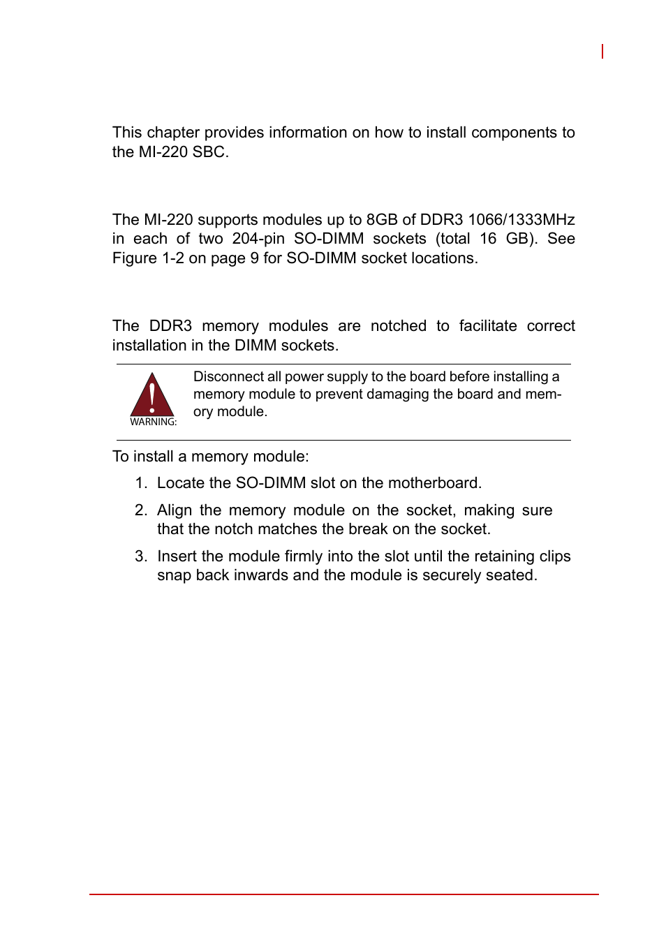 3 getting started, 1 system memory, Memory module installation | Chapter 3, getting started, System memory, 3getting started | ADLINK MI-220 User Manual | Page 37 / 92