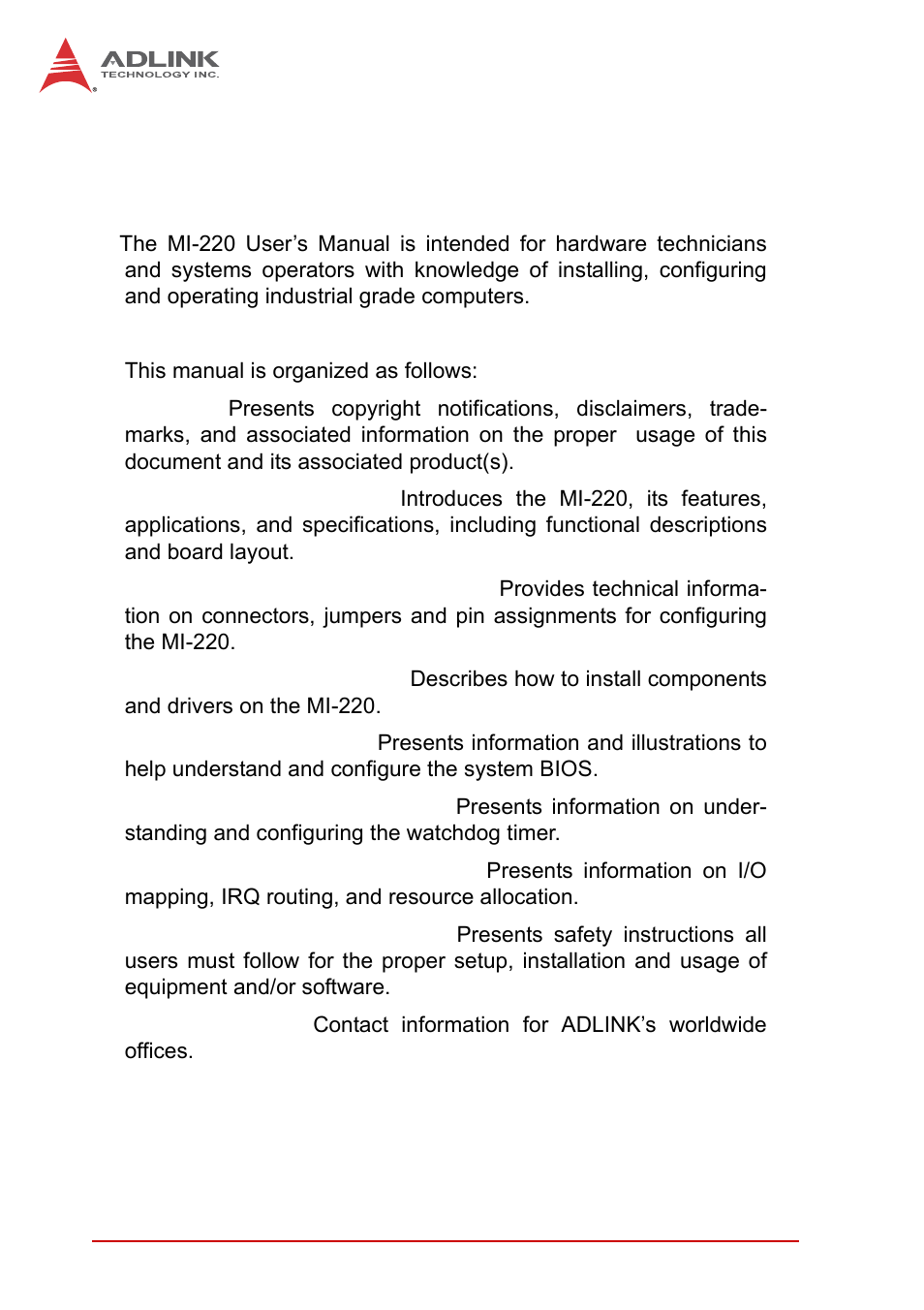 Audience and scope, Manual organization | ADLINK MI-220 User Manual | Page 4 / 92