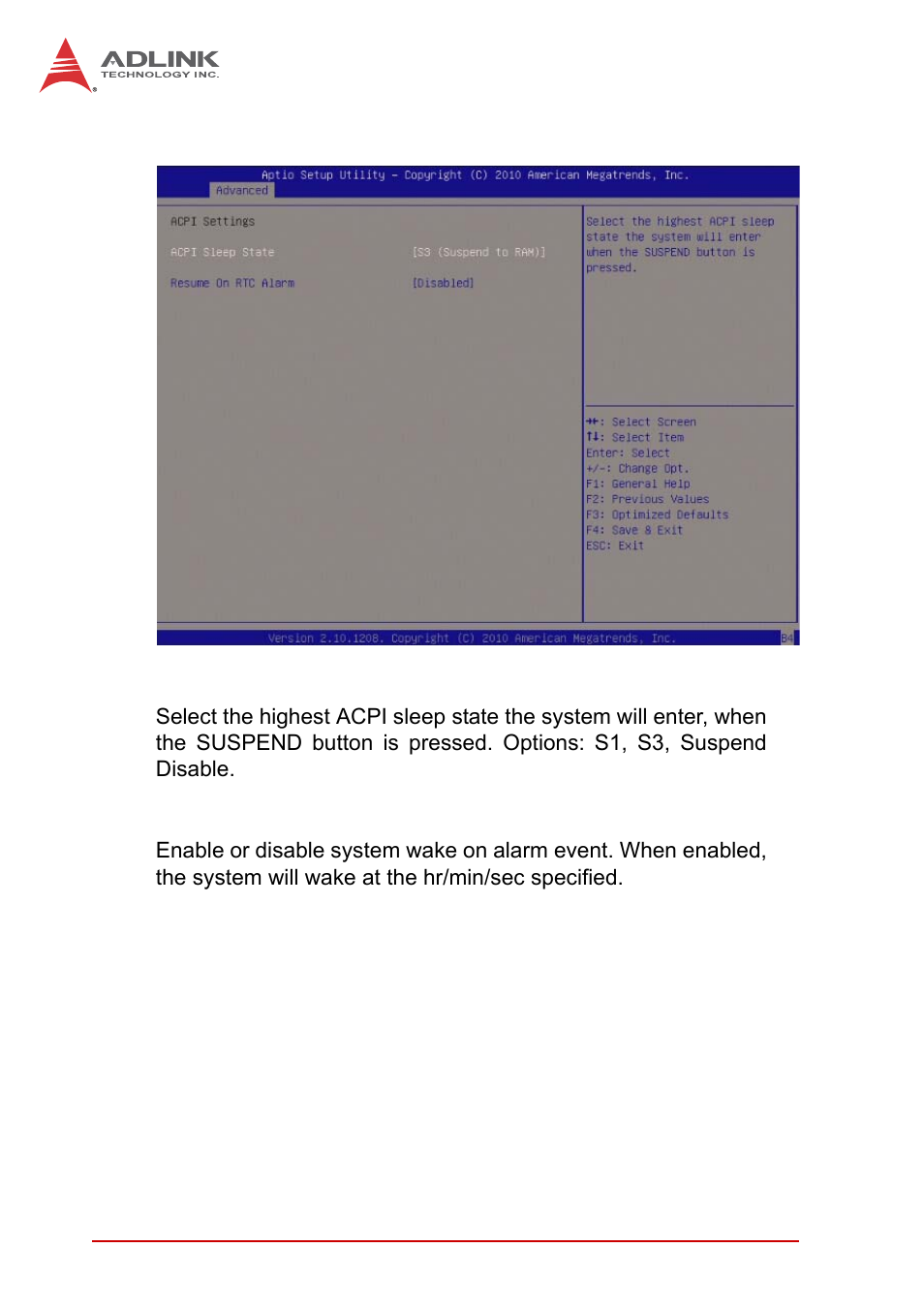 1 acpi settings, Acpi sleep state, Resume on rtc alarm | ADLINK MI-220 User Manual | Page 48 / 92