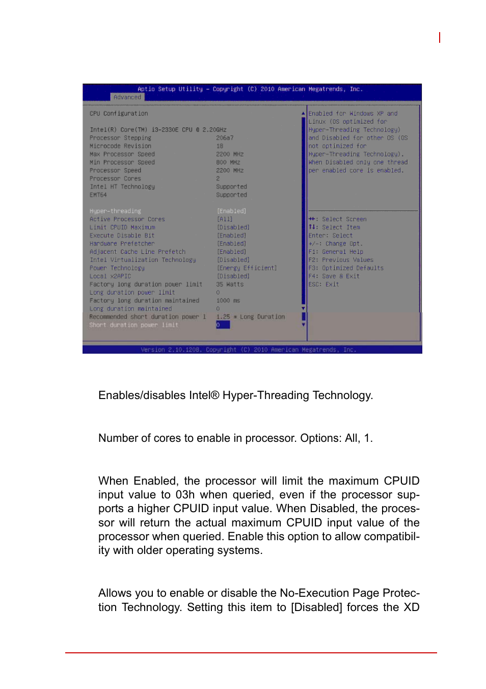 2 cpu configuration, Hyper-threading, Active processor cores | Limit cpuid value maximum, Execute disable bit | ADLINK MI-220 User Manual | Page 49 / 92
