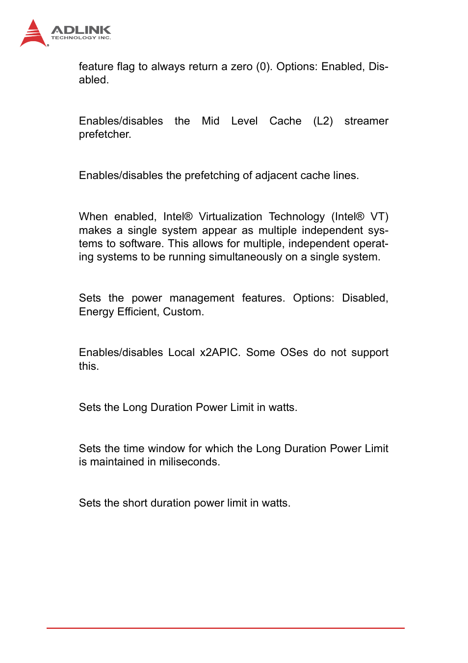 Hardware prefetcher, Adjacent cache line prefetch, Intel® virtualization tech | Power technology, Local x2apic, Long duration power limit, Long duration maintained, Short duration power limit | ADLINK MI-220 User Manual | Page 50 / 92