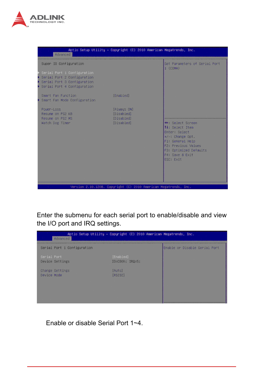 7 super io configuration, Serial port1-4 configuration, Serial port | ADLINK MI-220 User Manual | Page 58 / 92