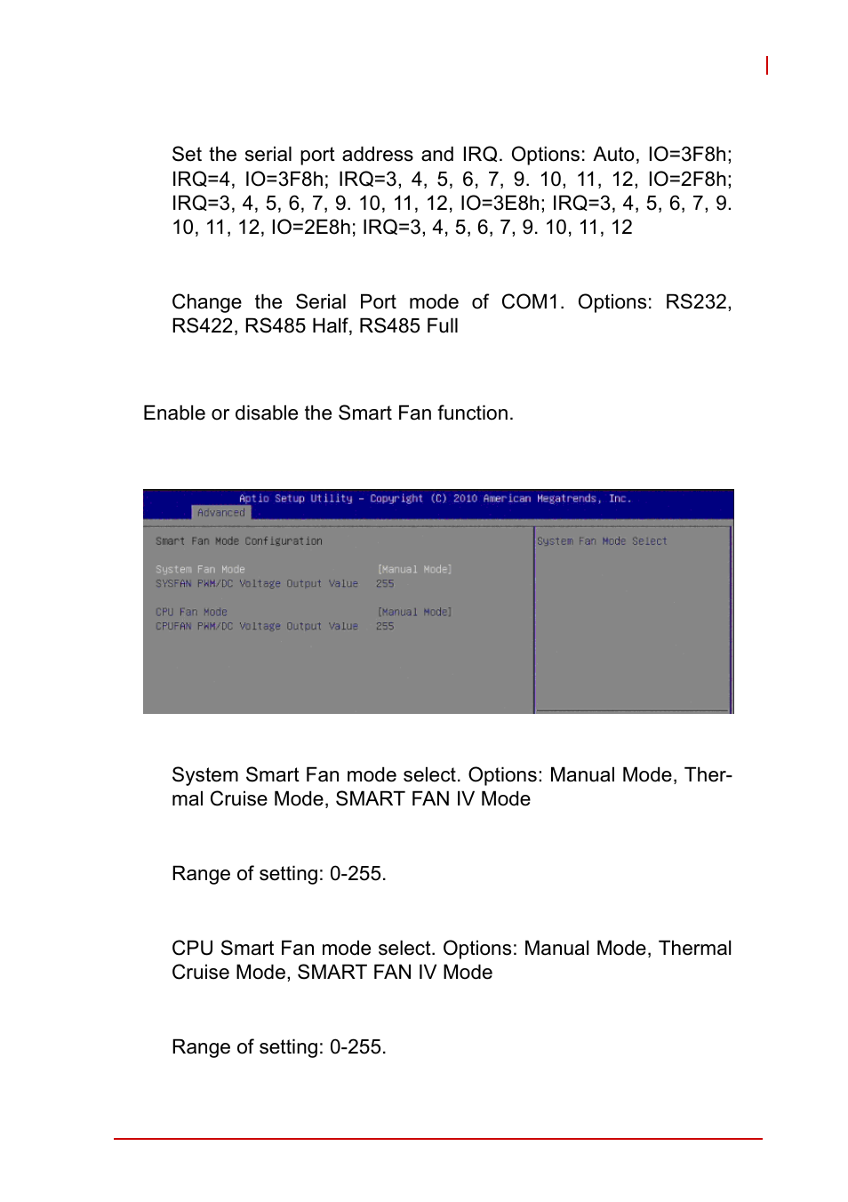 Device settings, Device mode, Smart fan function | Smart fan mode configuration, System fan mode, Sysfan pwm/dc voltage output value, Cpu fan mode, Cpufan pwm/dc voltage output value | ADLINK MI-220 User Manual | Page 59 / 92