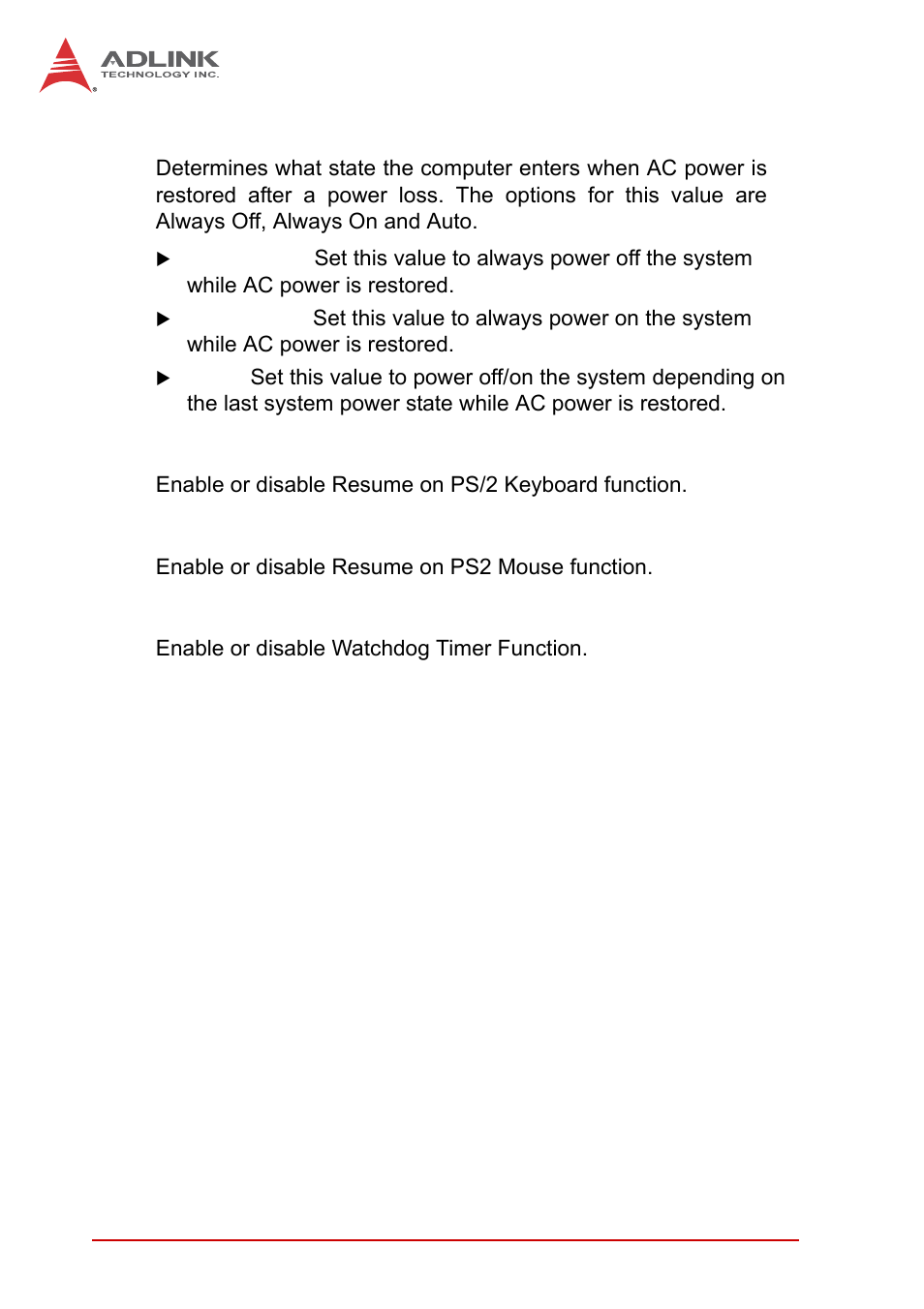 Power loss, Resume on ps2 kb, Resume on ps2 ms | Watch dog timer | ADLINK MI-220 User Manual | Page 60 / 92
