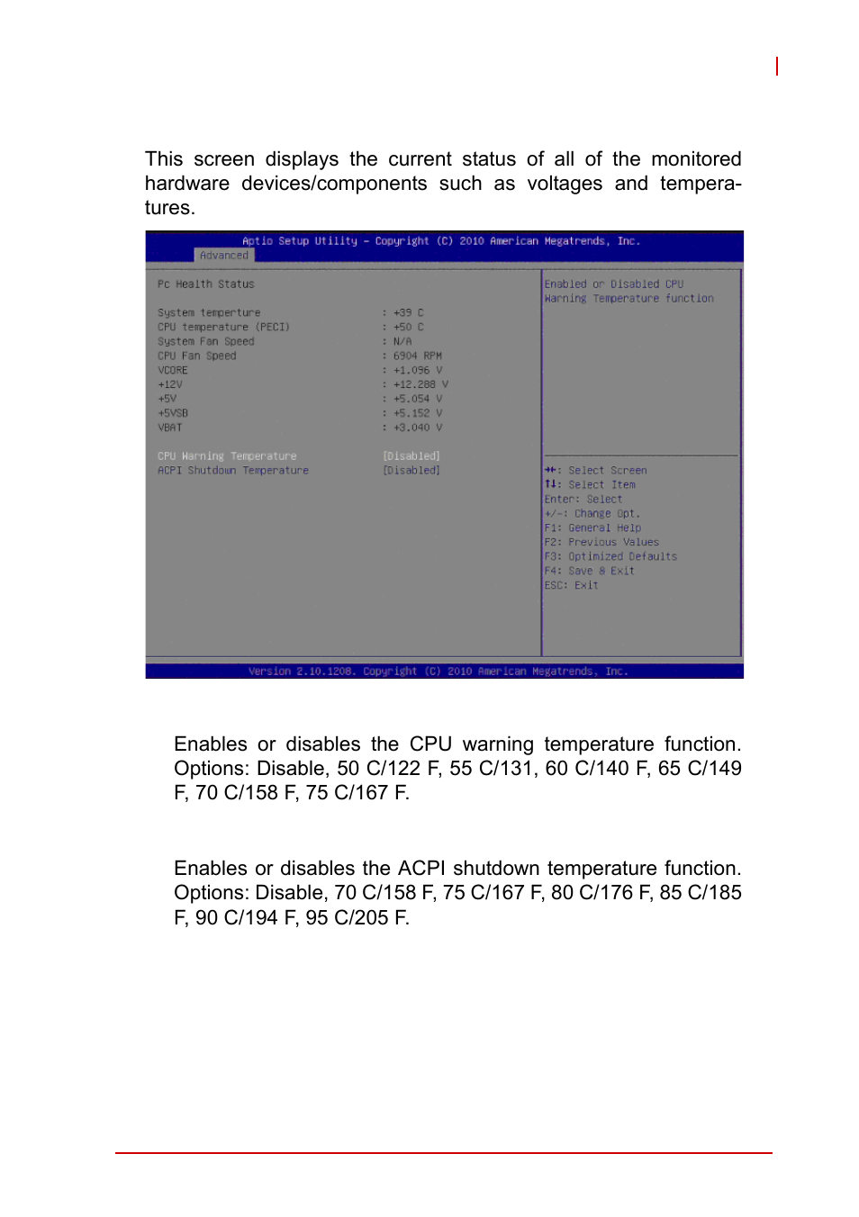 8 h/w monitor, Cpu warning temperature, Acpi shutdown temperature | ADLINK MI-220 User Manual | Page 61 / 92