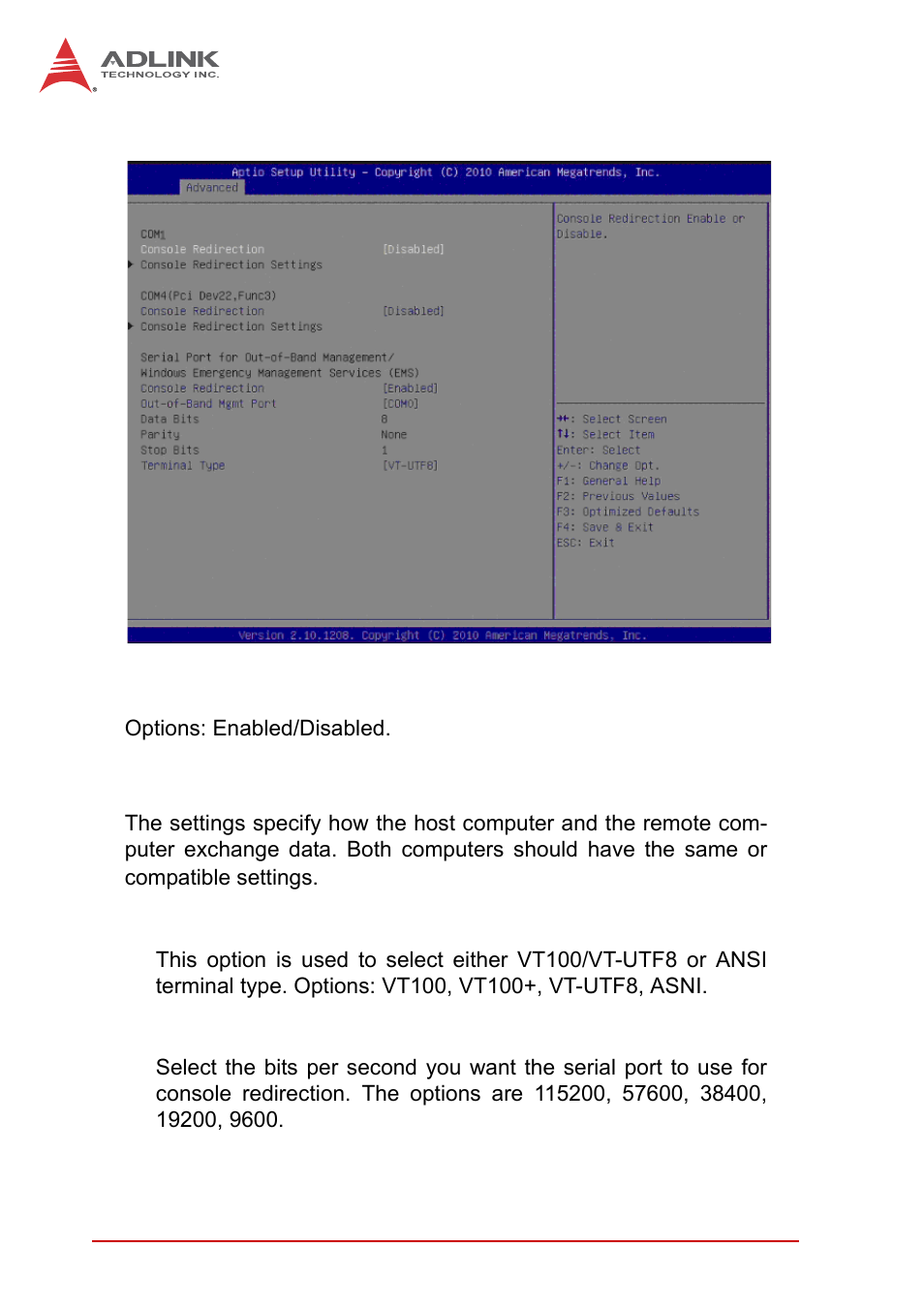 9 serial port console redirection, Com1/4 console redirection, Console redirection settings | Terminal type, Bits per second | ADLINK MI-220 User Manual | Page 62 / 92